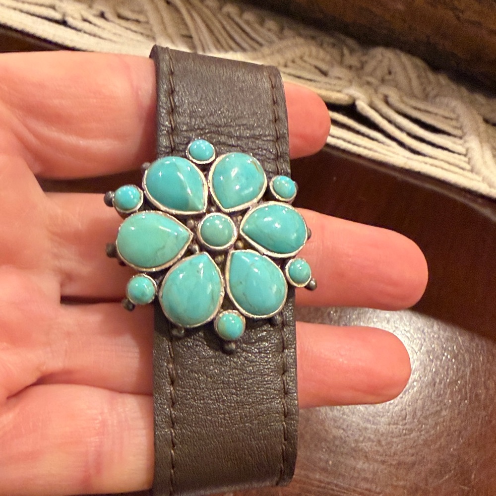 Brown Leather Bracelet with Turquoise Stone Flower